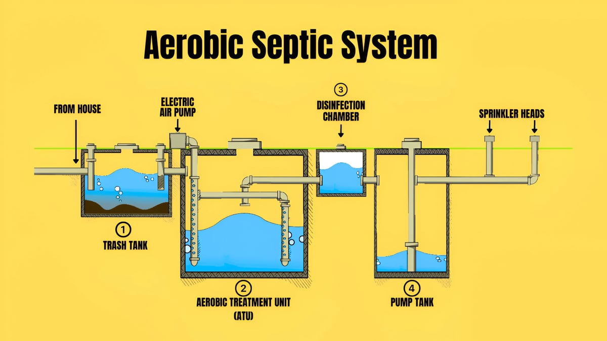 Diagram of an aerobic septic system showing the flow from house through various treatment tanks and pumps to sprinkler heads.