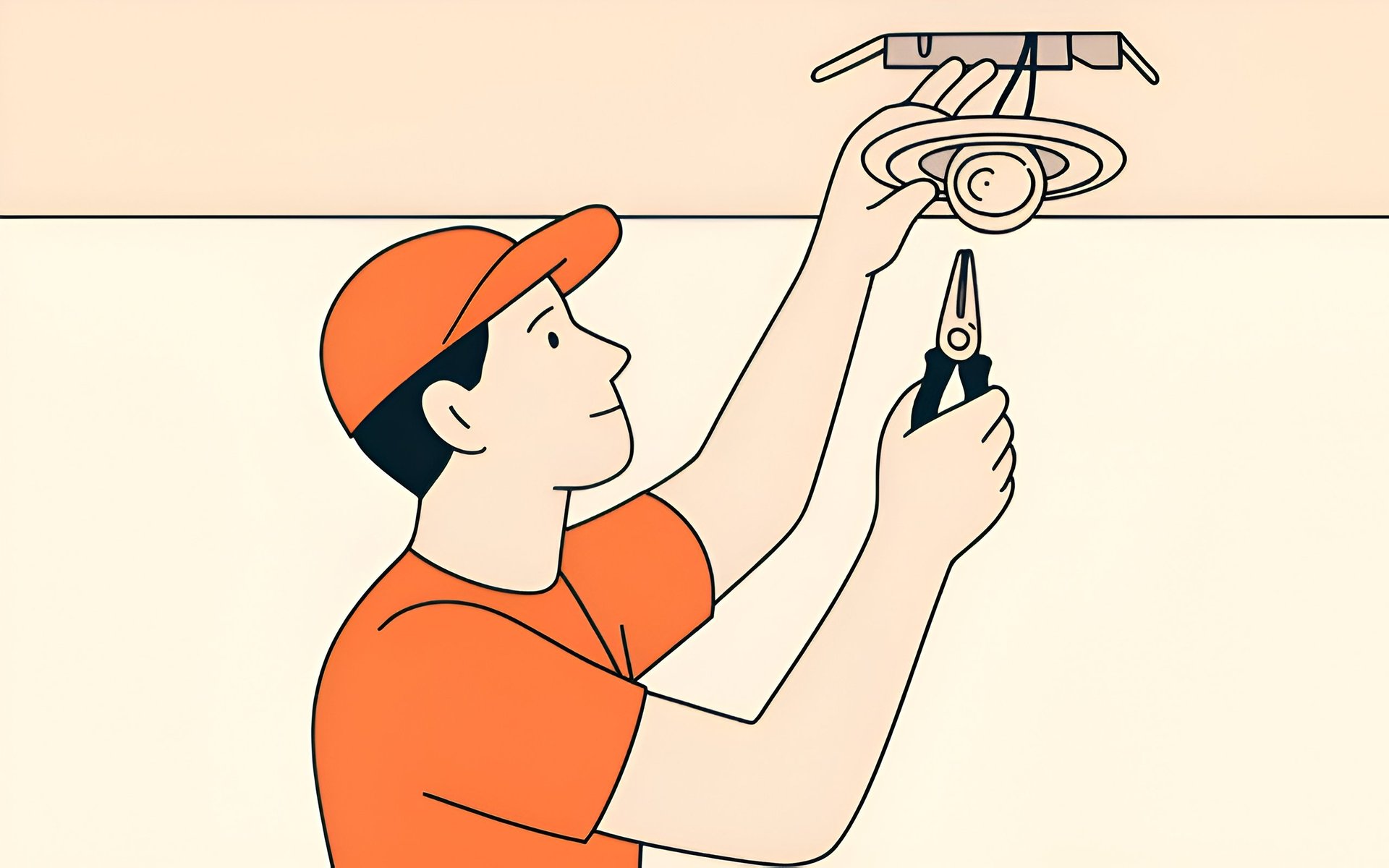 Worker in orange hard hat and shirt installing or repairing a ceiling sprinkler head with a tool