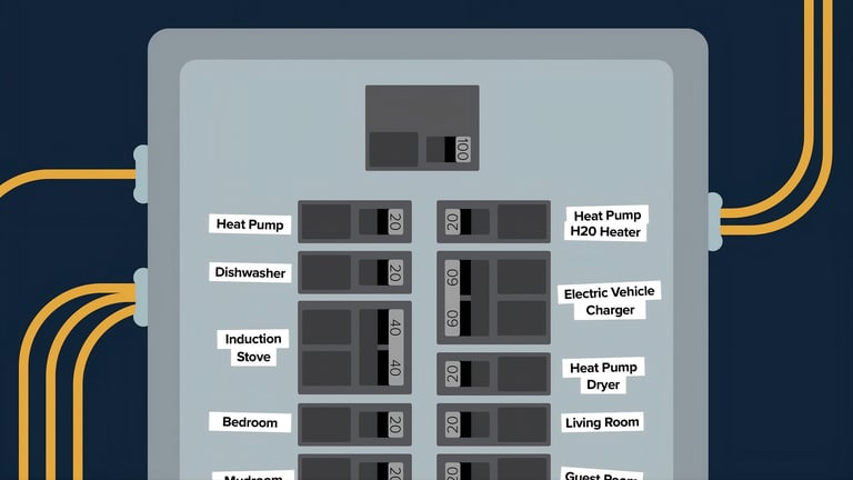 Home electrical panel diagram showing circuit breakers labeled for heat pump, dishwasher, induction stove, bedroom, heat pump dryer, living room, and EV charger.