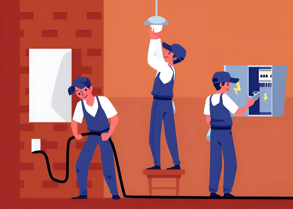 Three electricians in blue uniforms working on electrical installation and maintenance tasks indoors