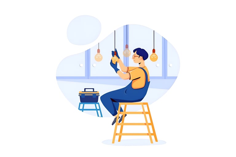 Illustration of a person sitting on a stool working with tools and hanging light fixtures in a modern workspace