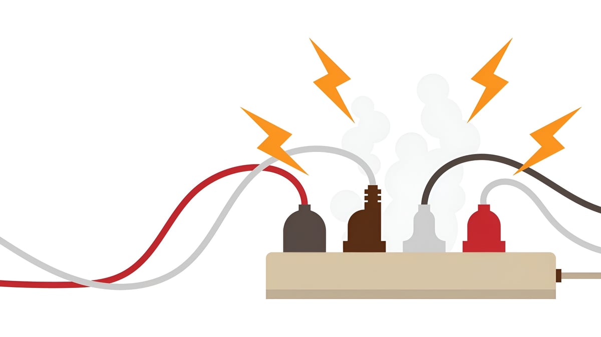 Illustration of electrical outlets with plugs and lightning bolts representing power surge or electrical hazard