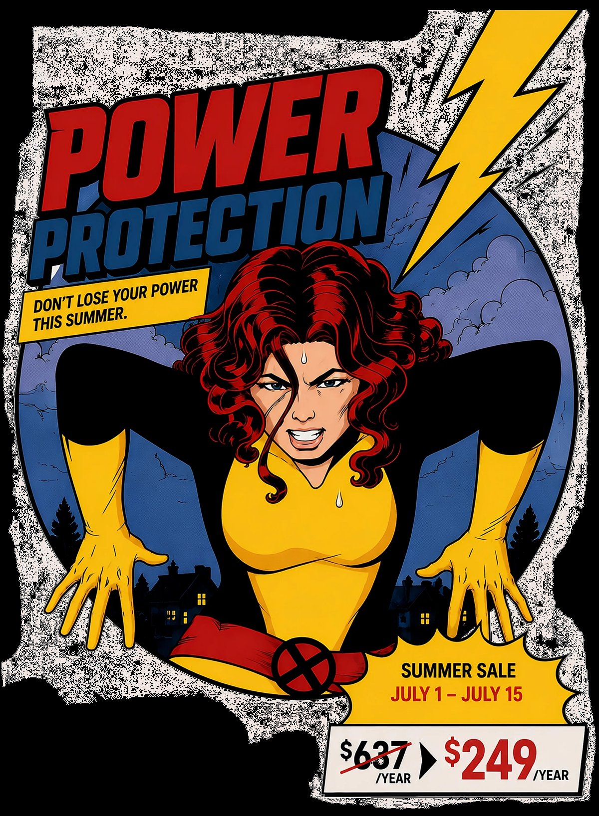 Retro comic-style poster for Power Protection summer sale featuring a woman in yellow with raised arms and lightning bolt, promoting July 1-15 sale with pricing from $249/year