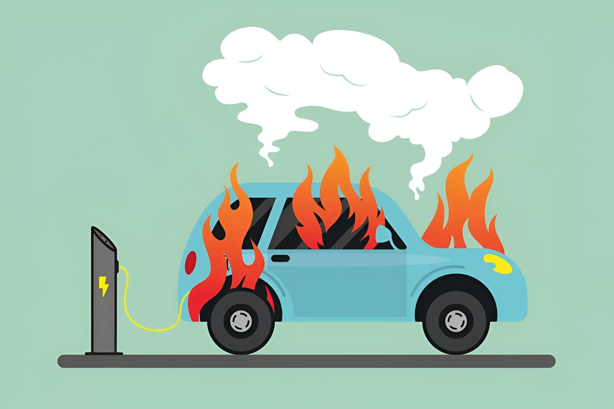 Blue car engulfed in bright orange flames on fire with smoke clouds above, next to a charging station on green background