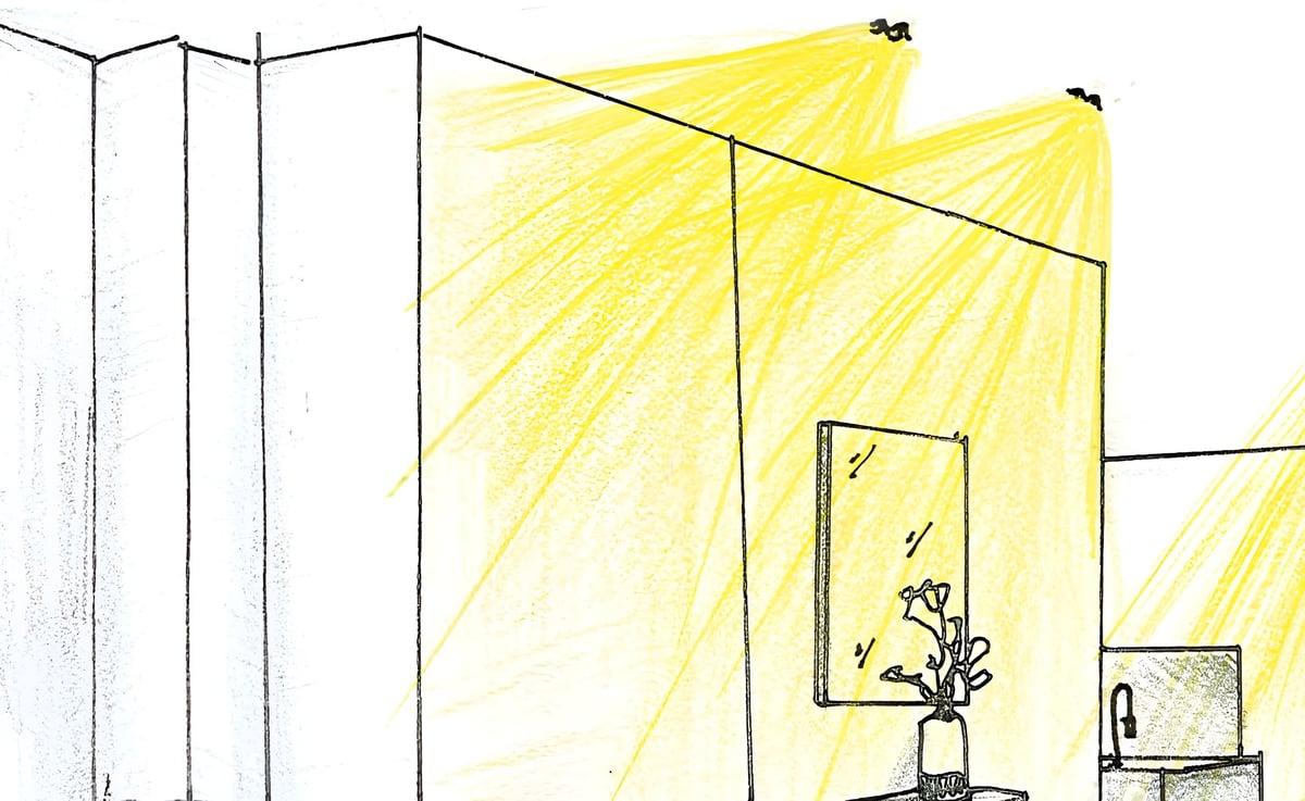 Architectural diagram showing interior space with track lighting casting yellow beams onto walls, with potted plant and furniture sketched on right side