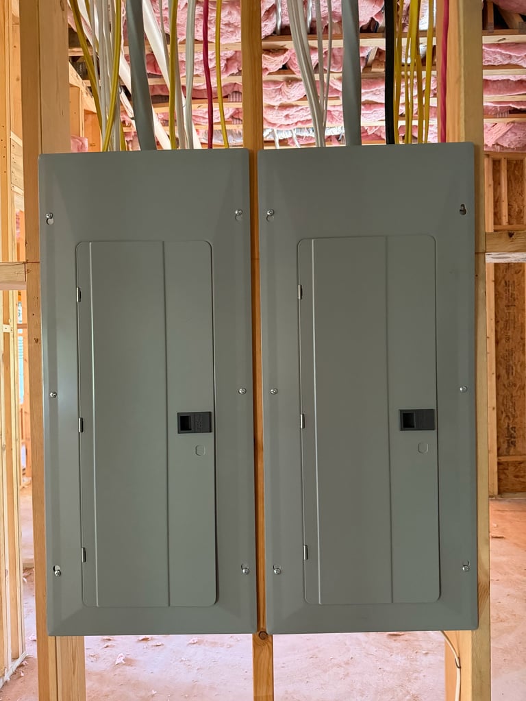 Two gray electrical panels mounted on wooden studs in an unfinished interior construction area with pink insulation visible