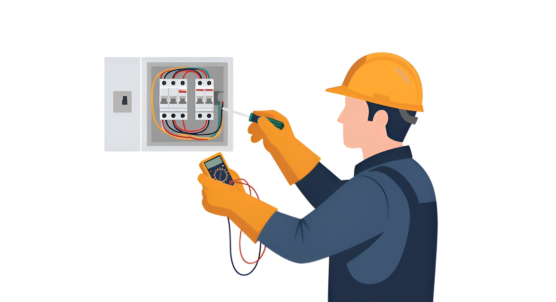 Electrician in orange hard hat and gloves inspecting electrical panel with multimeter device
