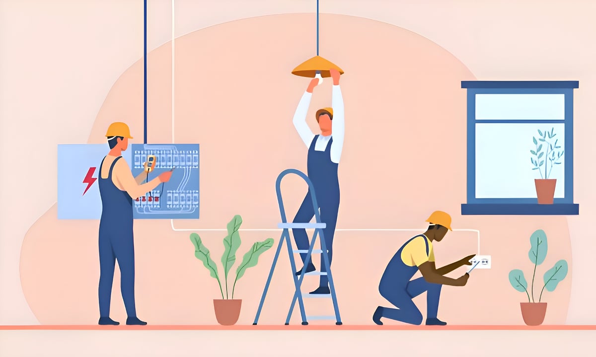 Three construction workers performing maintenance tasks indoors with tools and plants surrounding them