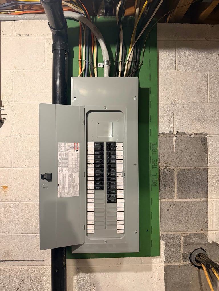 Electrical panel mounted on concrete wall with wires coming from the top and circuit breakers visible inside the open door