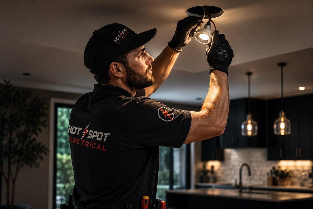 Male electrician in black uniform inspecting recessed light fixture in modern kitchen