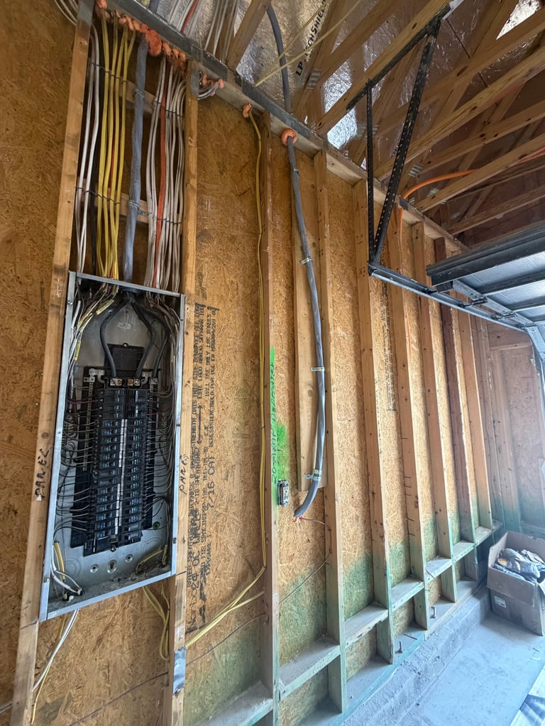 Electrical panel and wiring mounted on cork insulation wall in wooden framed construction interior