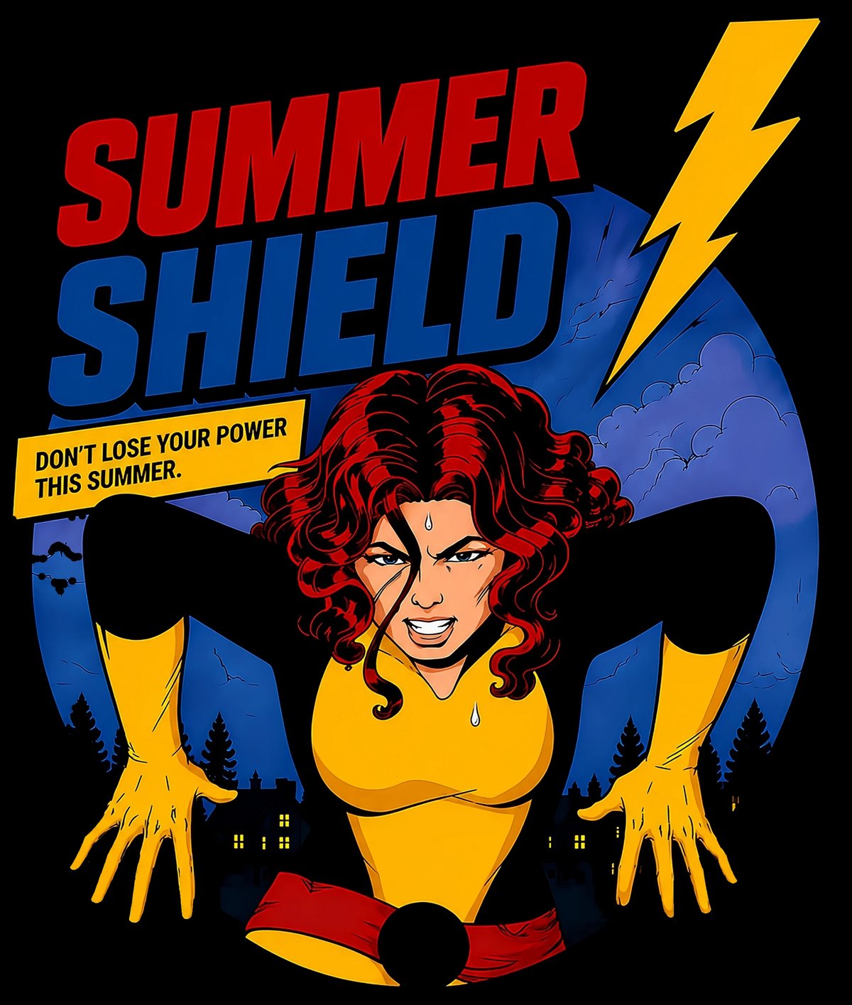 Retro comic-style Summer Shield poster featuring a powerful woman with red hair in yellow outfit with lightning bolt and tagline Dont Lose Your Power This Summer