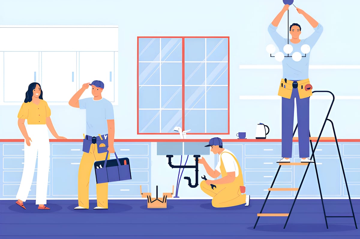 Team of workers renovating an office space with painting, window installation, and repairs in progress