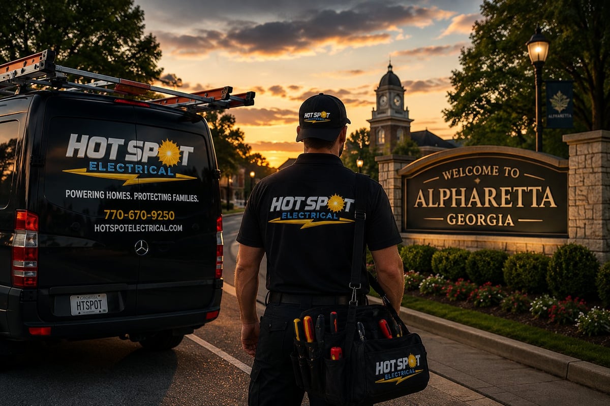 Hot Spot Electrical technician standing beside service van at the Welcome to Alpharetta Georgia sign at sunset.