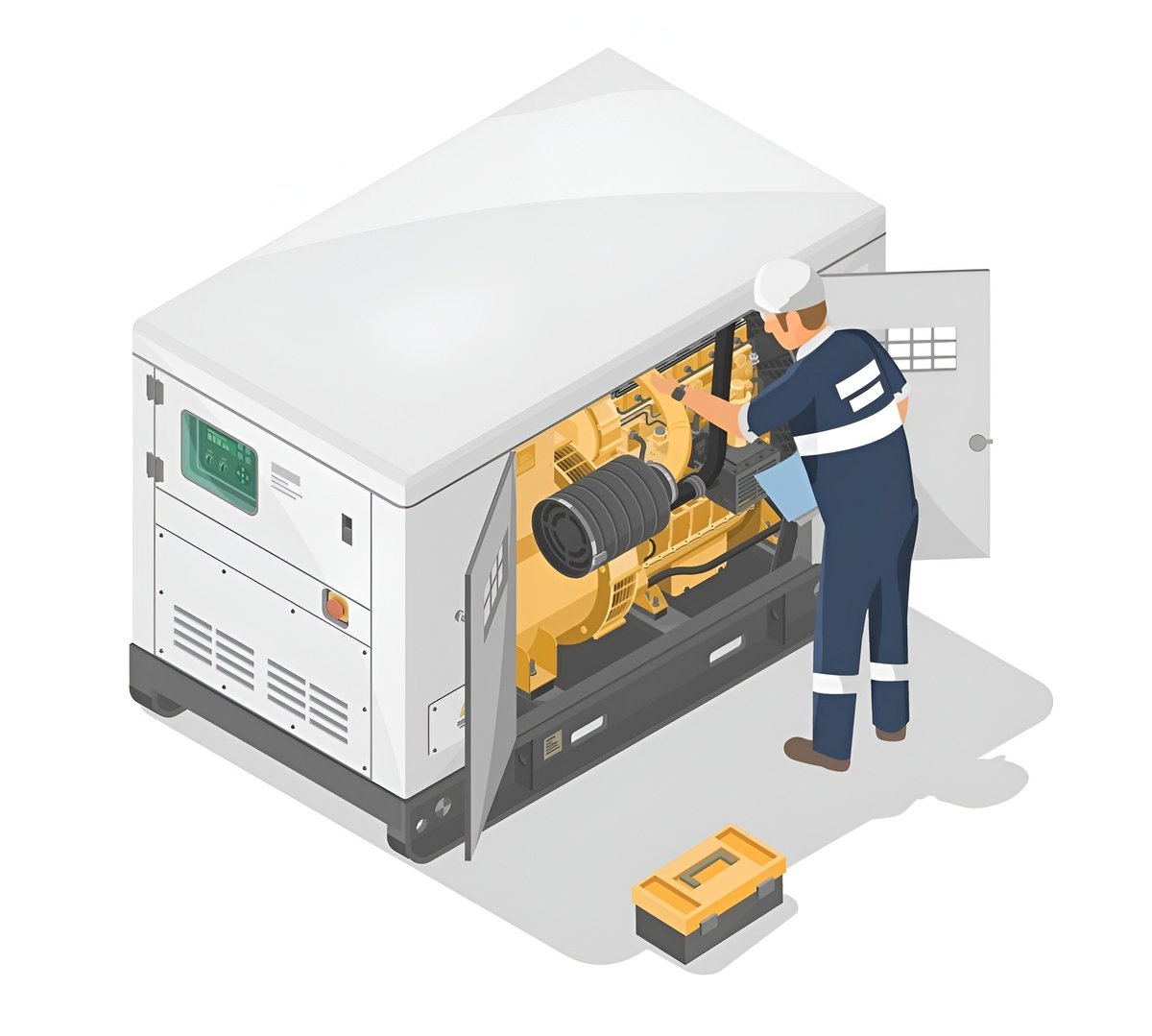 Technician servicing a large industrial diesel generator engine with yellow and black components