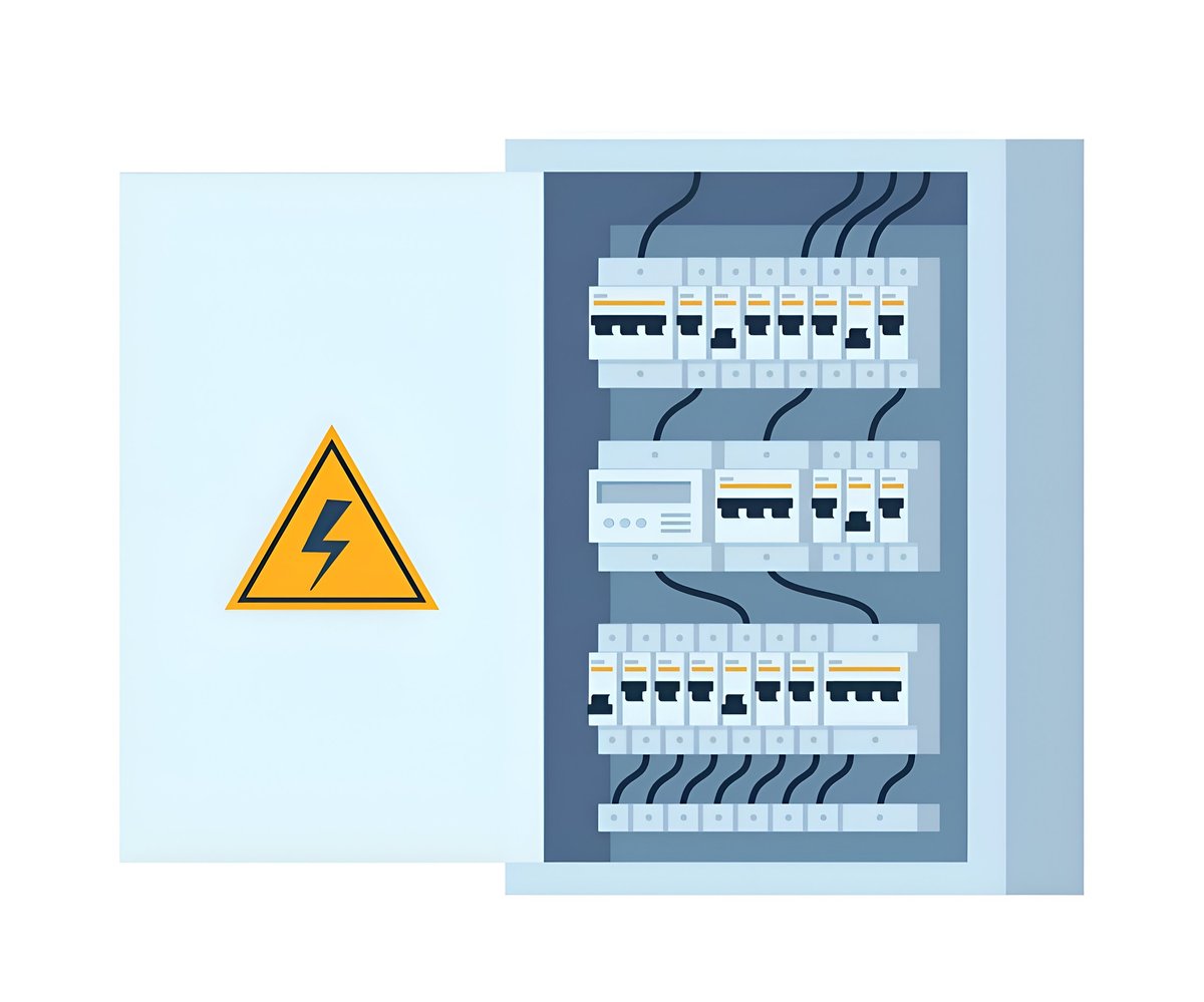 Electrical panel box with circuit breakers and high voltage warning sign on open door