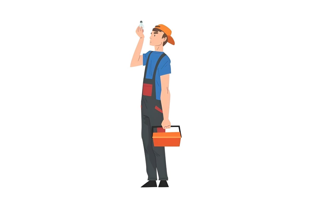 Construction worker in blue shirt and orange hard hat holding a drill and red toolbox