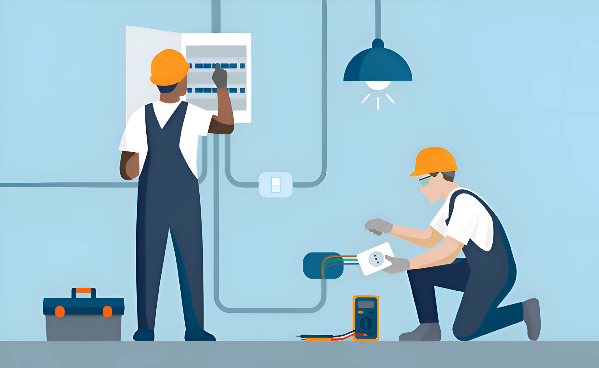 Two electricians in hard hats installing wiring and light fixture in a building with toolbox and supplies nearby