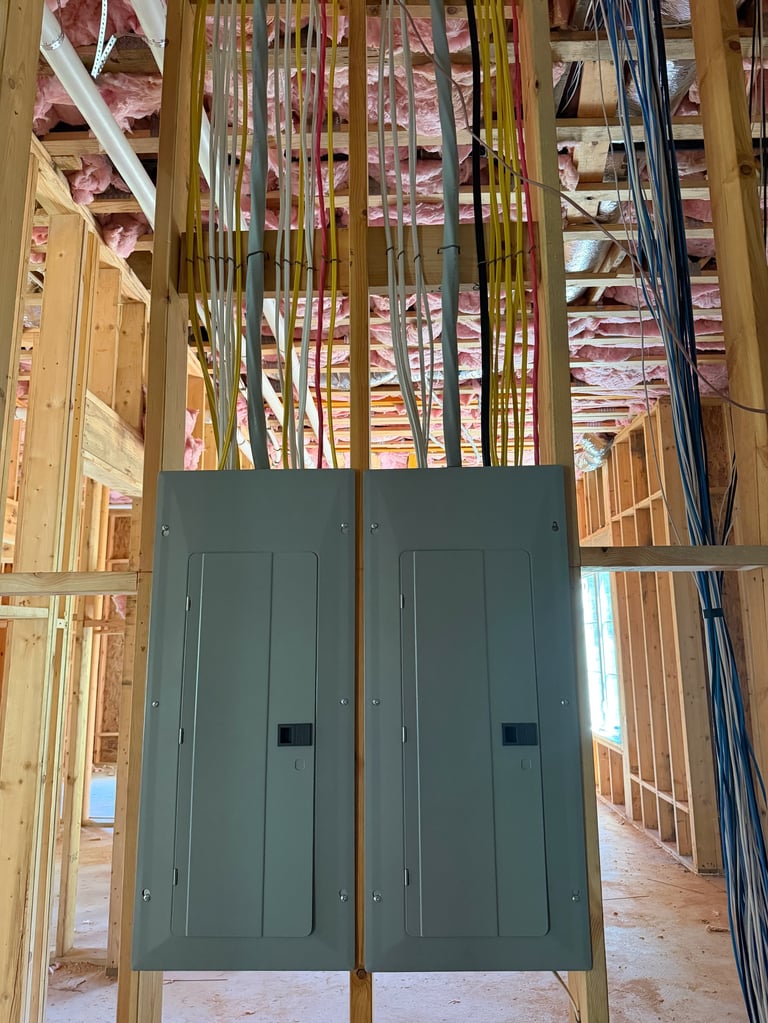 Two green cabinet doors installed in wooden wall framing of unfinished interior construction