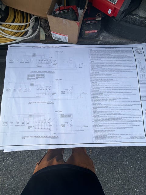 Person viewing electrical wiring diagram blueprint on floor with equipment boxes in background