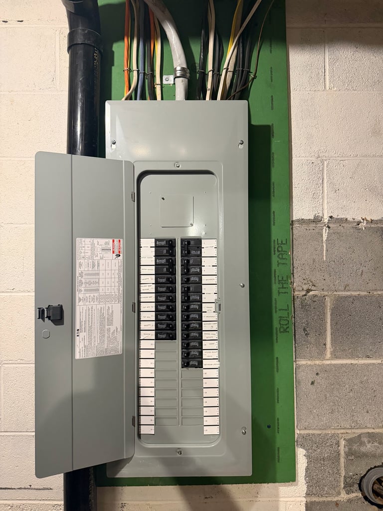 Electrical panel mounted on concrete wall with open door showing circuit breakers and bundled wires above