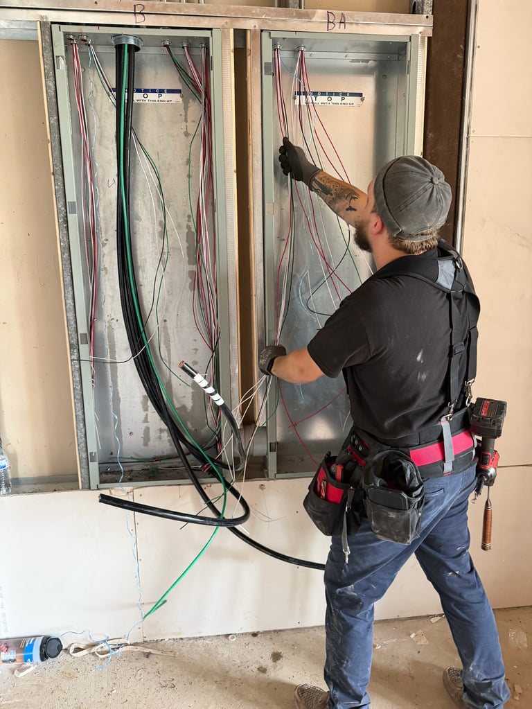 Electrician installing wiring in wall-mounted electrical panels with tools and equipment belt