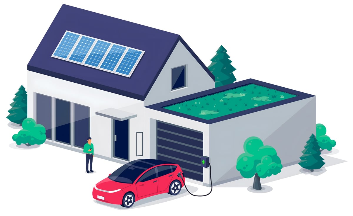 Illustration of a modern eco-friendly home with solar panels on roof, electric car charging at driveway, and green landscaping