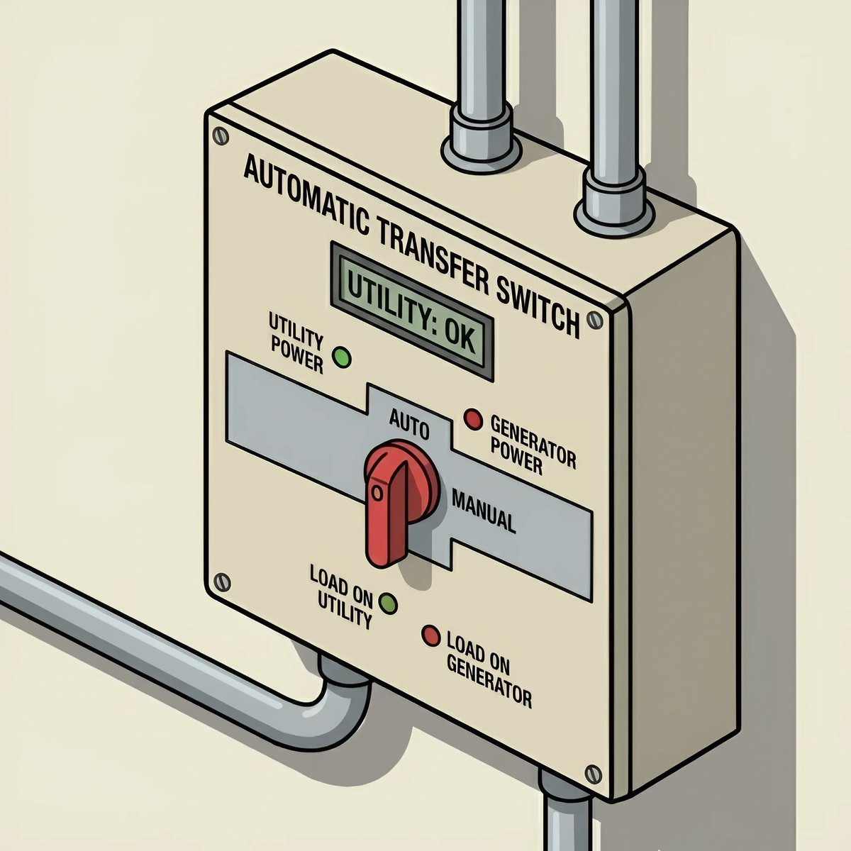 Automatic transfer switch illustration showing utility and generator power control panel with toggle switch and indicator lights