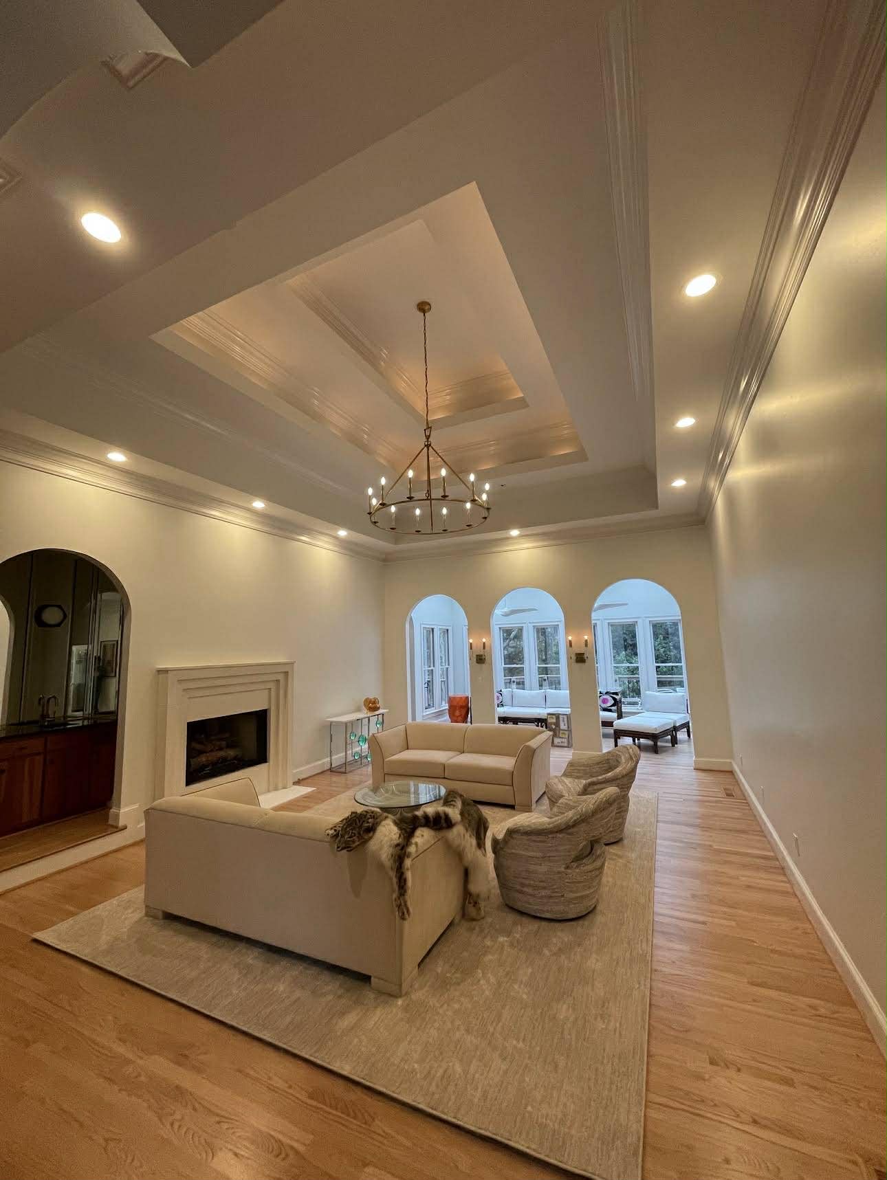 Completed electrical service upgrade with recessed lighting in Cumming GA